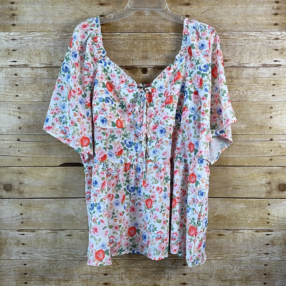 BloomChic Women’s Heart Neckline Floral Frill Top Blouse Multi 18-20 2X EUC